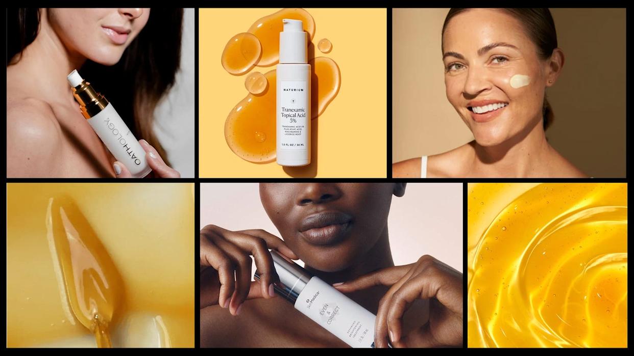 Masowanie serum z witaminą C w skórę Ręce masują serum z witaminą C w serum na policzkach twarzy modelki