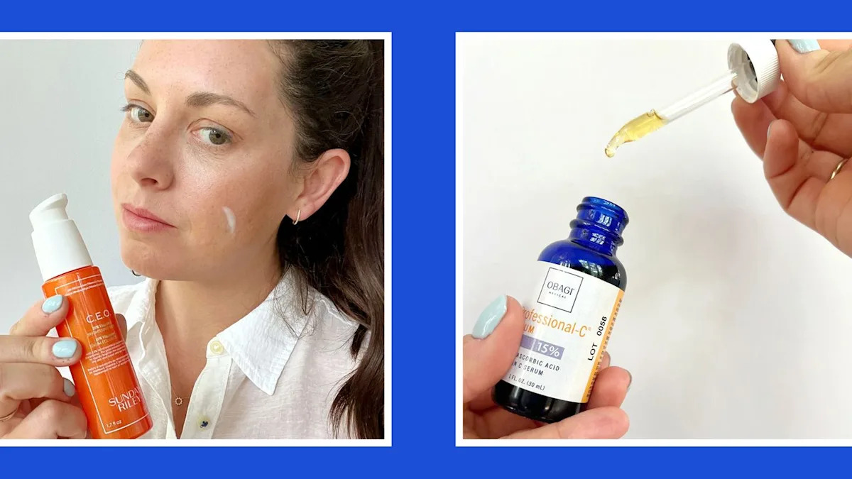 Nakładanie serum z witaminą C na twarz Kobieta wciska pipetę serum z witaminą C na wilgotną skórę twarzy rano